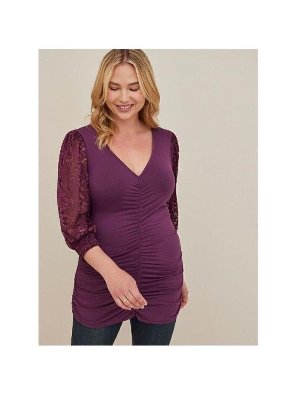 Torrid Lace V-Neck Ruched Front Long Sleeve Top (Sz 1)
